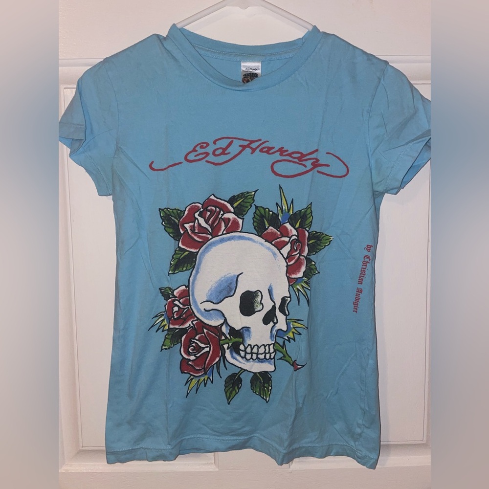 Ed Hardy Light Blue Skull Rose T-shirt Size Small Vintage Y2K